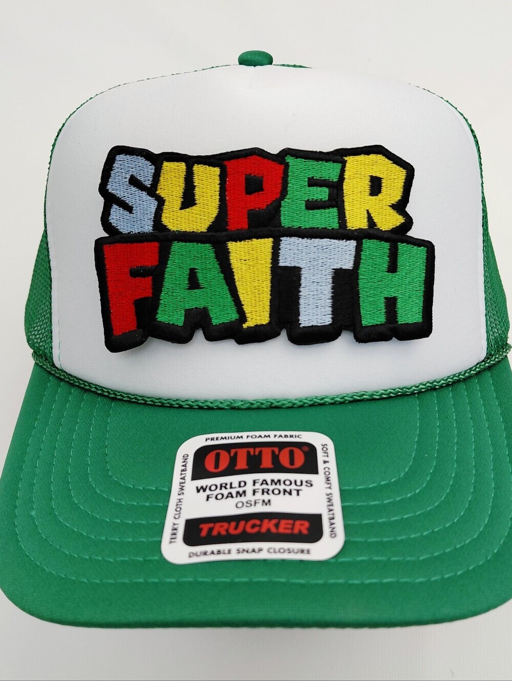SUPER FAITH Jesus Christ Embroidered Foam Curved Bill Mesh Snapback Hat Green